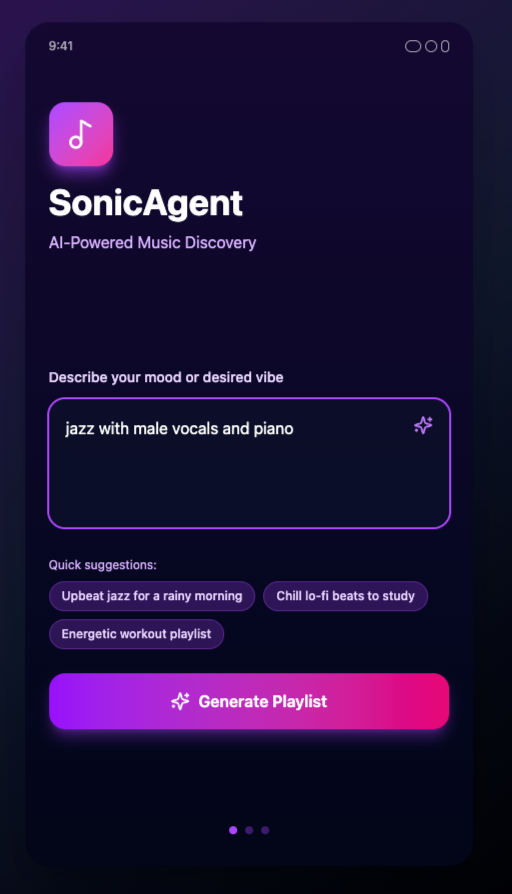 High-fidelity screen showing AI chat agent window and user input of song preference entered