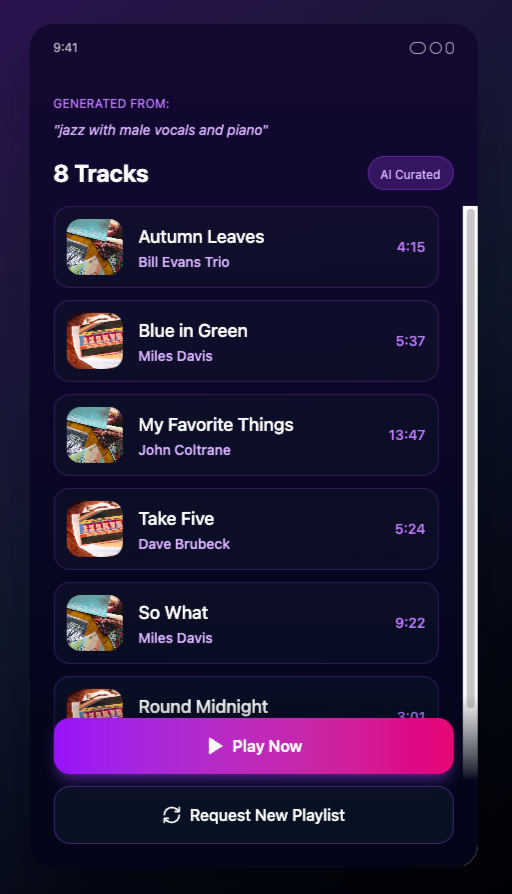 High-fidelity screen showing music playlist ready to play