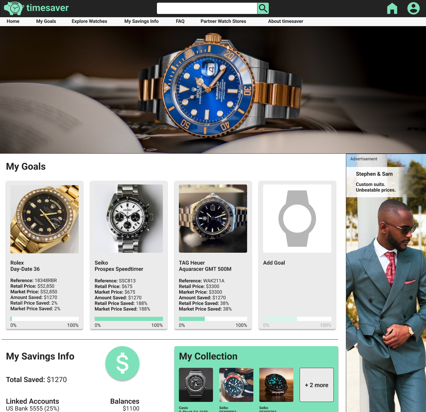 Retail watch sale website with images and info about watches